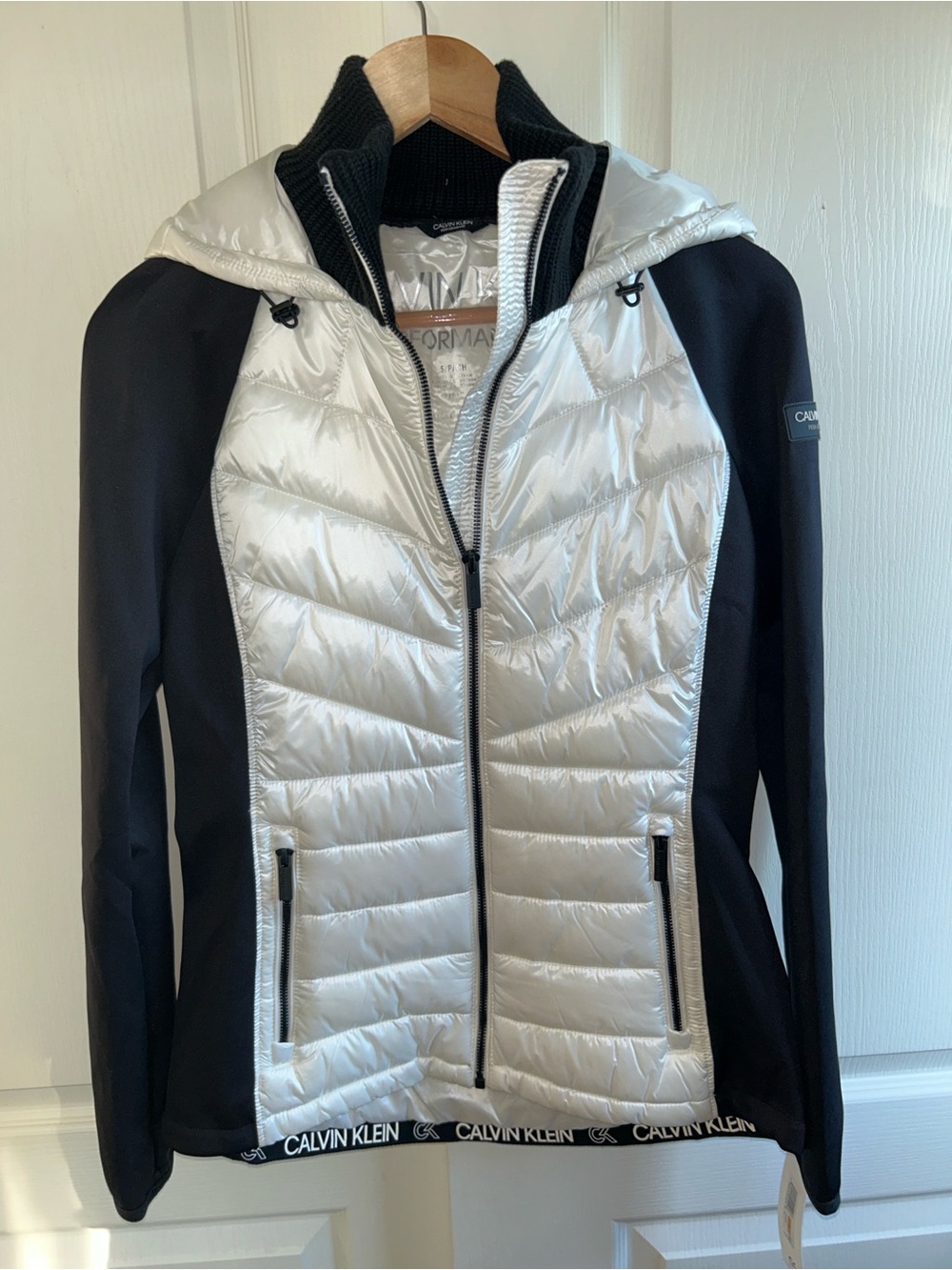 Calvin Klein Black and White Hybrid Hooded Puffer Jacket